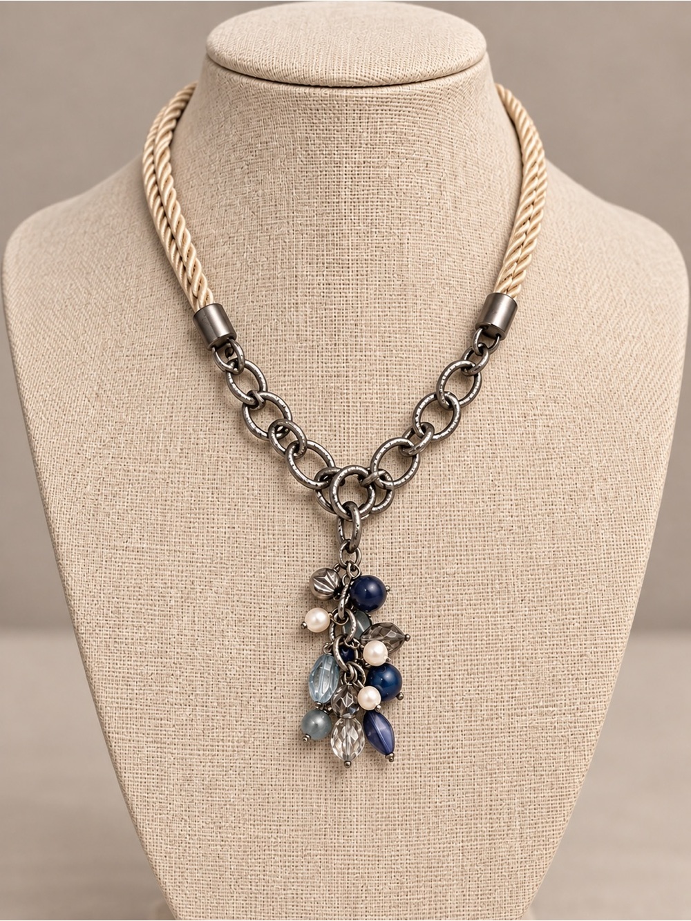 Blue & Silver Statement Necklace – Pearl & Beaded Chandelier Pendant